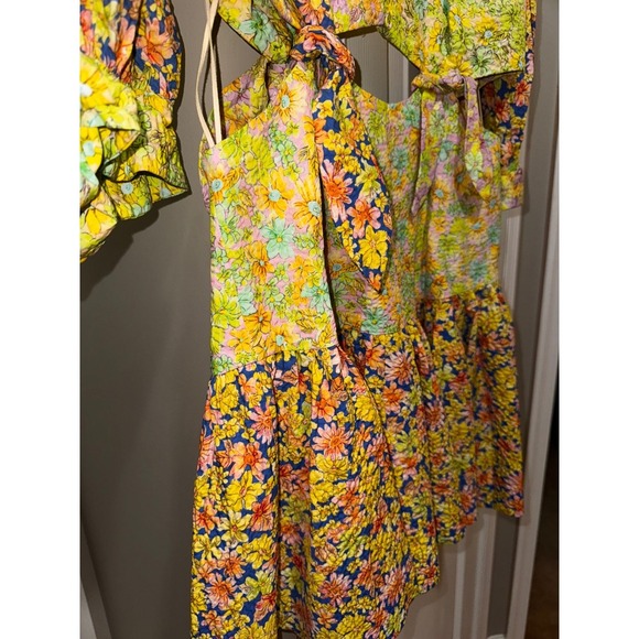 ALÉMAIS Floral Print Mini Dress Puff Sleeve Tie Cutout Backless Yellow US 10 - Picture 9 of 12